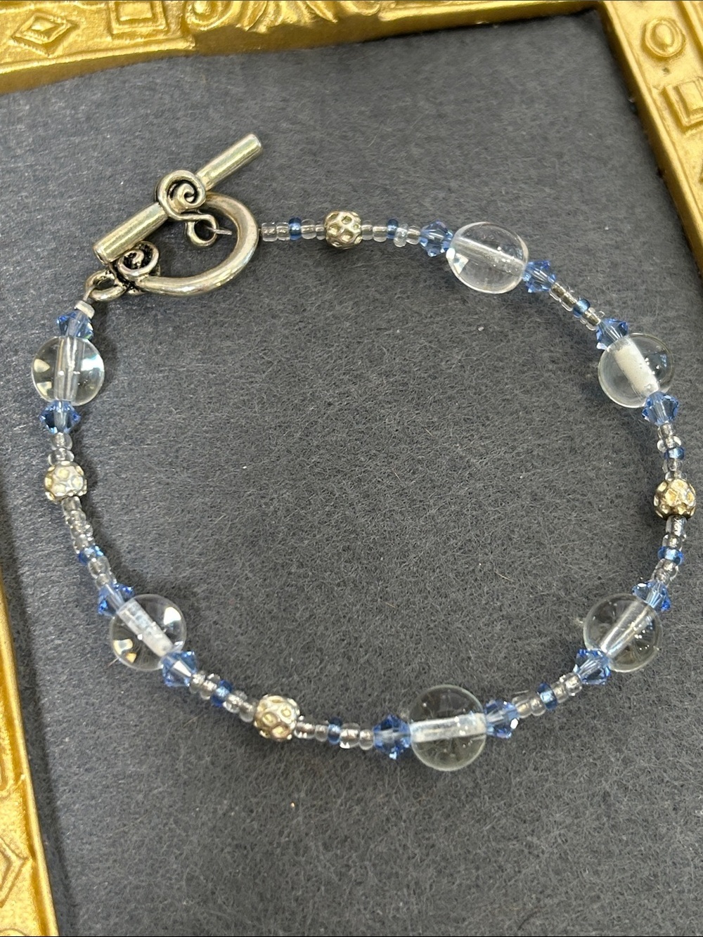 Handcrafted Blue & Clear Crystal Bead Bracelet with Silver Toggle